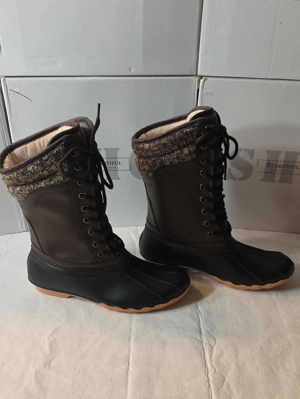 Women's Two-Tone Brown and Black Lace-Up Winter Rain Boots